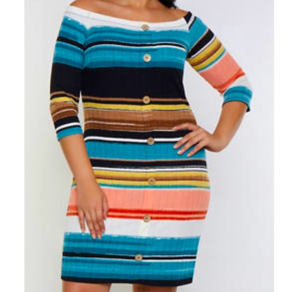 Rainbow Button Detail Off the Shoulder Dress